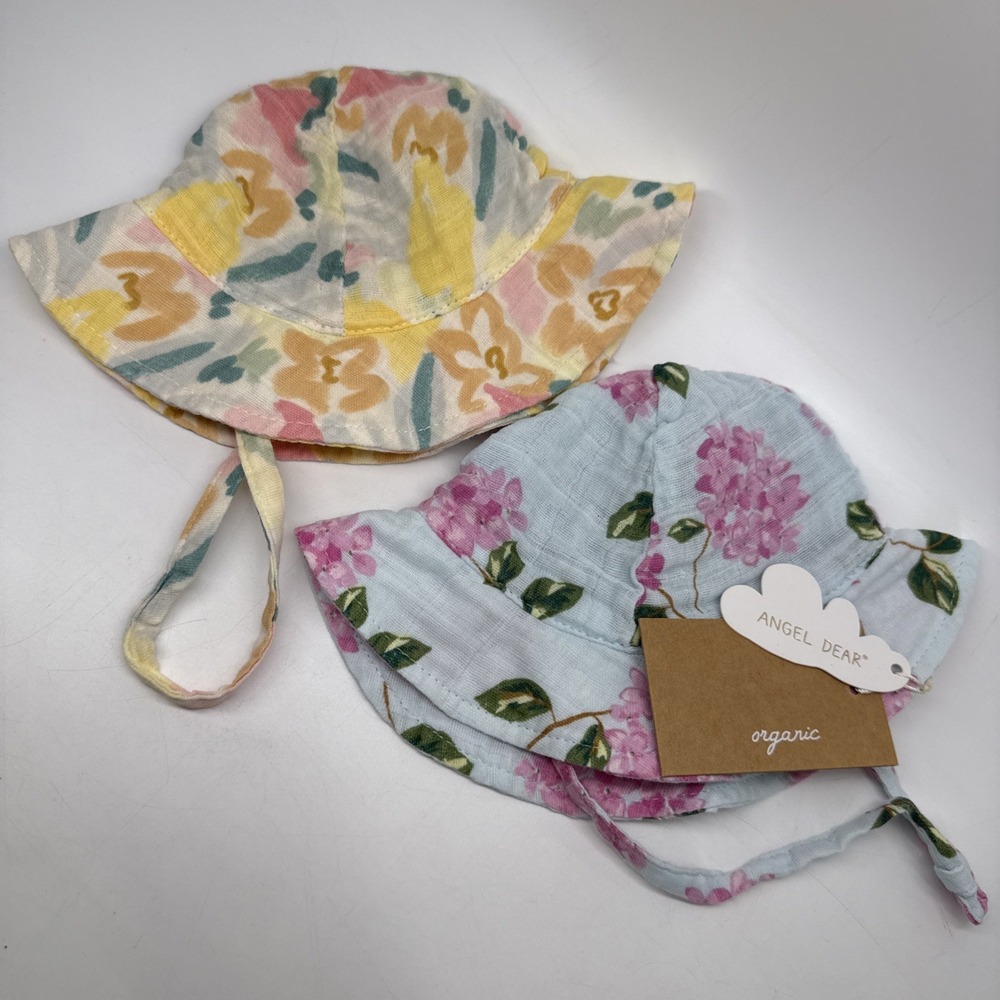 2- Angel Dear Organic Cotton Muslin Wide Brim Sun Hat Sharks 0-6 Months NWT